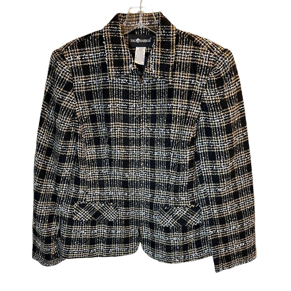 Sag Harbor, Tweed Zip Jacket with collar, womens sz 10, Black Tan White